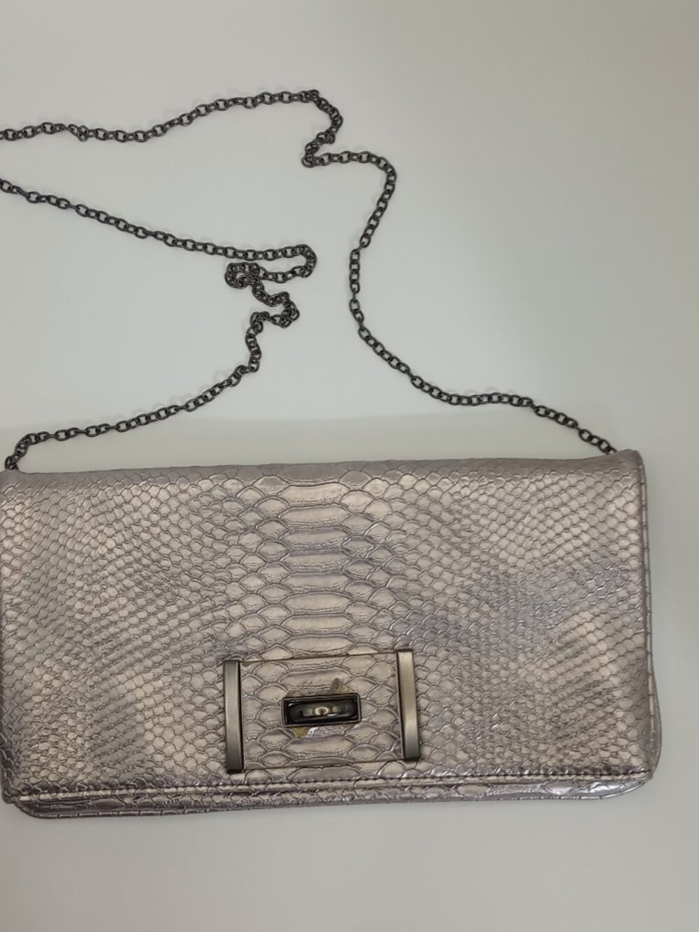 Metallic Silver Snakeskin Embossed Envelope Clutch